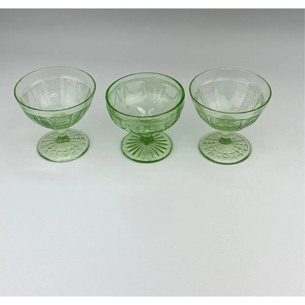 Vintage Set of 3 Vaseline Uranium Glass Dessert Sherbet Green Cups Glasses